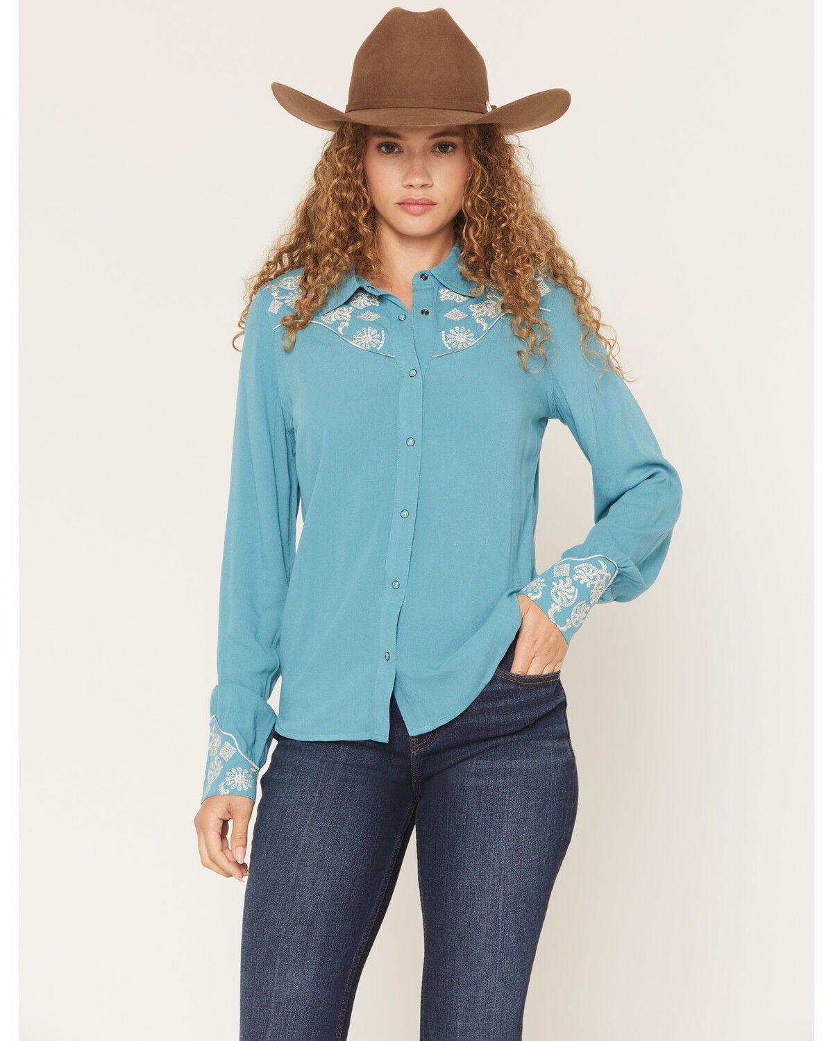 Blue B Women's Light Wash Rhinestone Long Sleeve Button-Down Denim