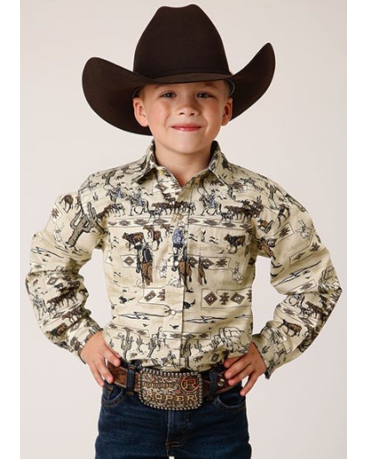 Image #1 - Roper Boys' Vintage Printed Long Sleeve Snap Western Shirt, Brown, hi-res