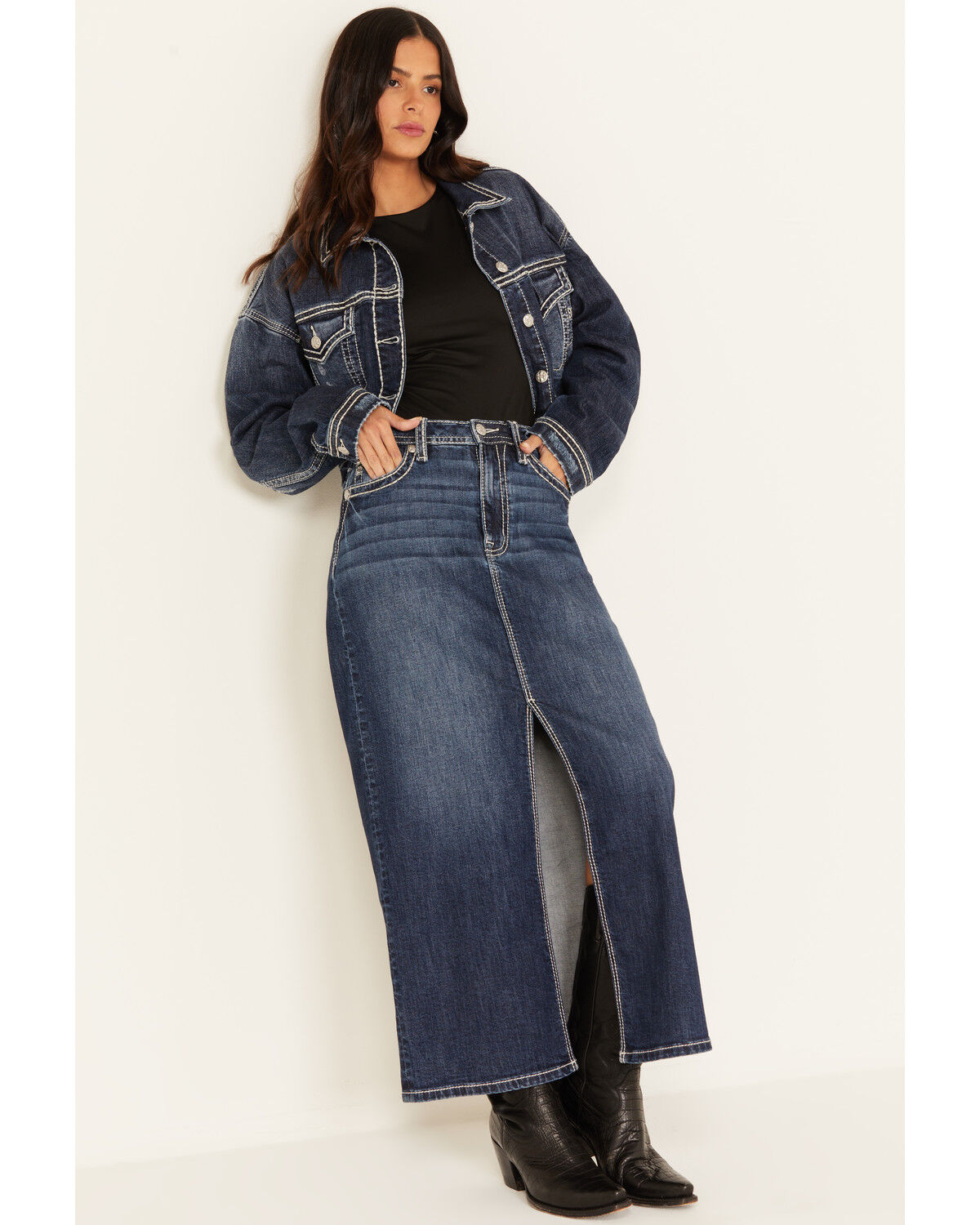 Image #5 - Miss Me Women's Dark Wash Denim Midi Skirt, Dark Wash, hi-res
