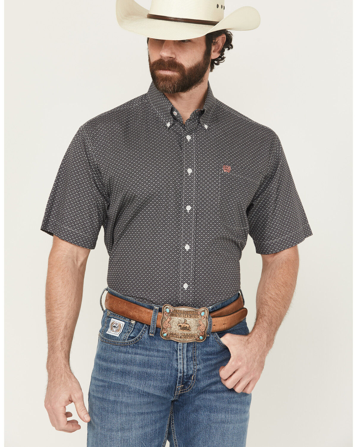 Image #1 - Cinch Men's Floral Geo Print Short Sleeve Button-Down Western Shirt, Grey, hi-res