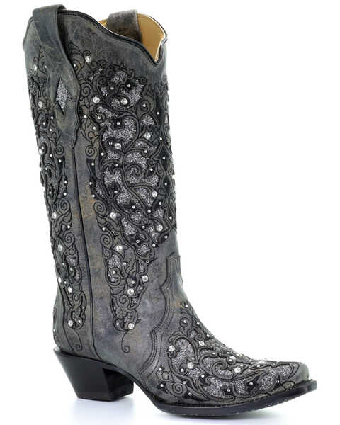 Corral Women's Gray Inlay Flower Embroidery Western Boots - Snip Toe, Black, hi-res