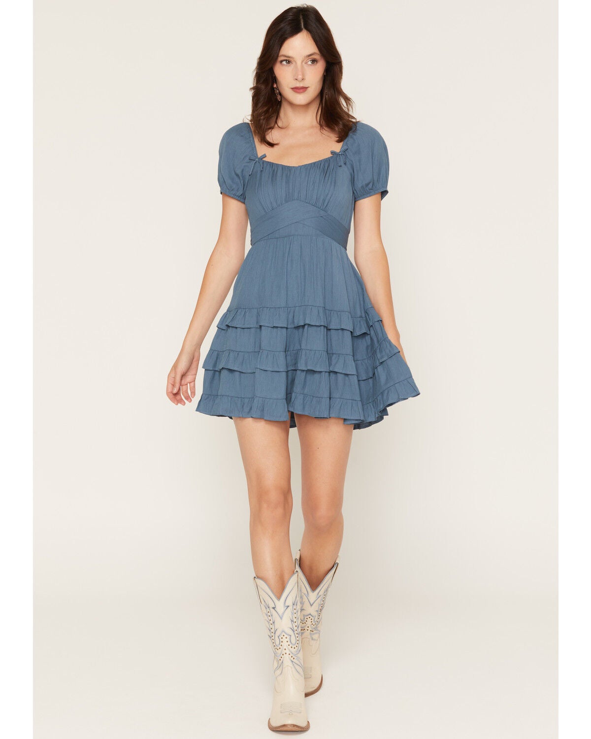 Image #1 - Ash & Violet Women's Bow Trim Short Sleeve Mini Dress, Teal, hi-res
