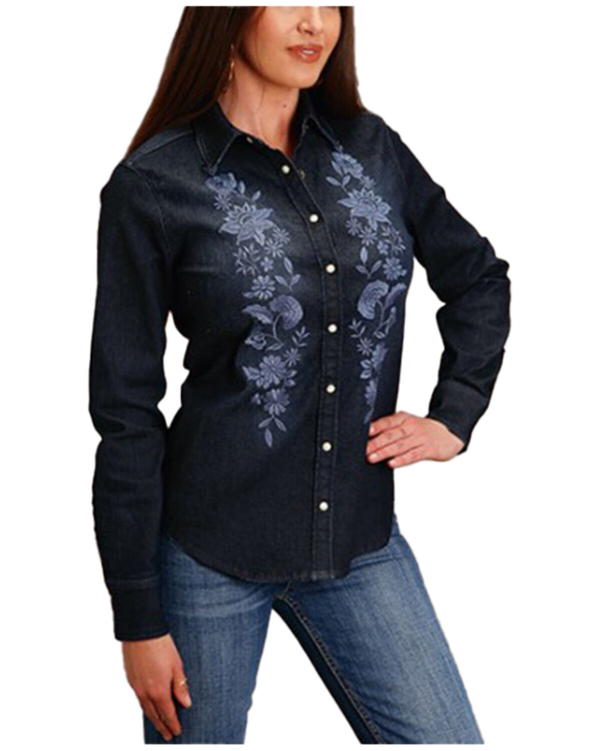 Image #1 - Stetson Women's Dark Wash Denim Embroidered Long Sleeve Snap Western Shirt, Dark Wash, hi-res
