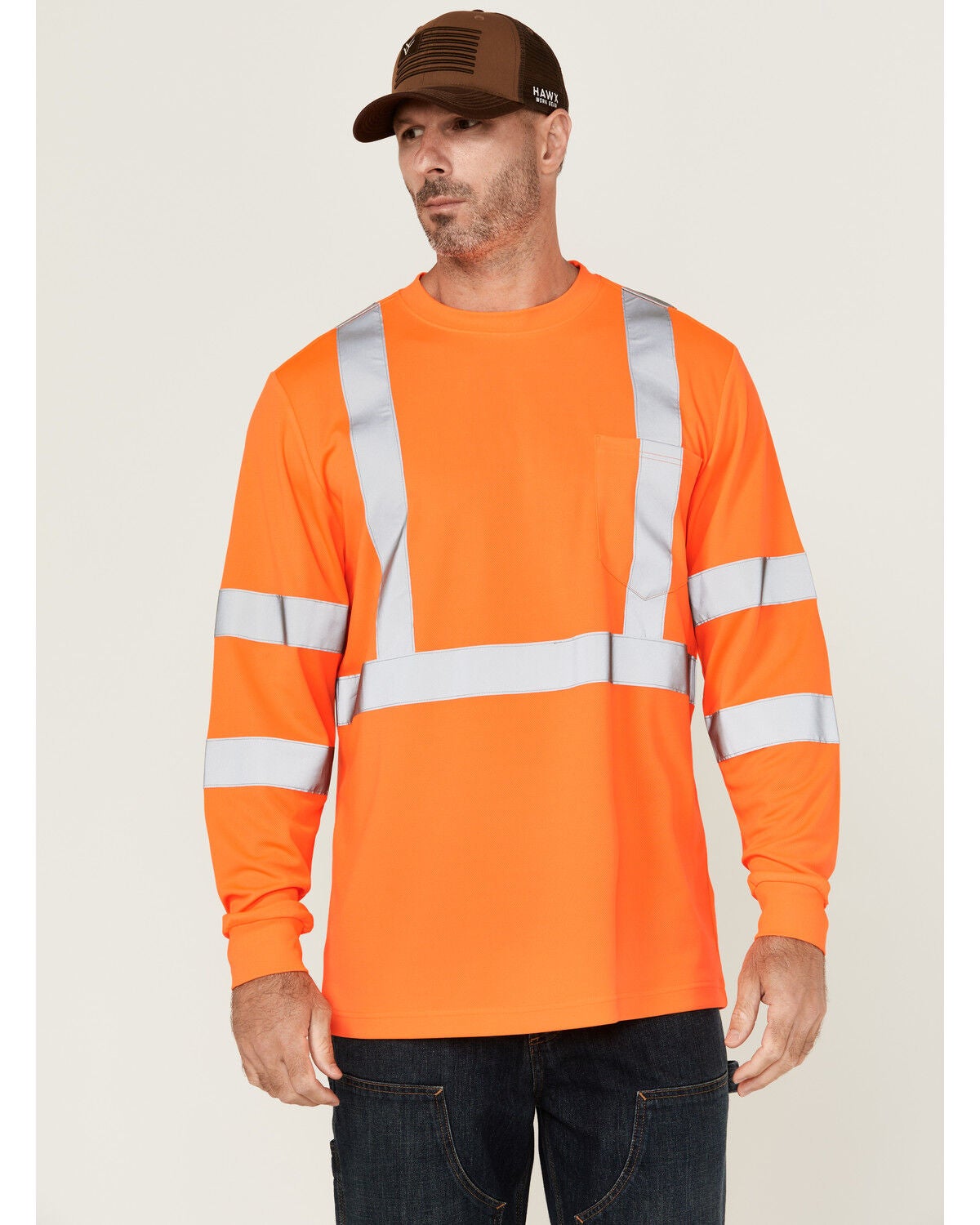 Hawx Men's Hi-Vis Reflective Long Sleeve Work T-Shirt, Orange, hi-res