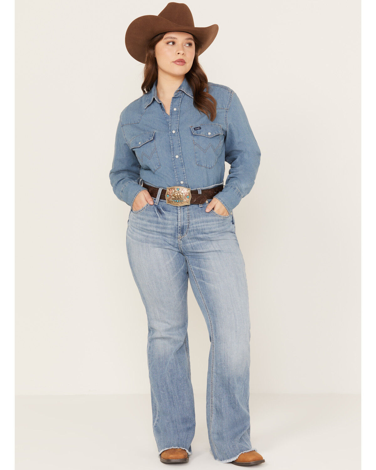 Image #1 - Ariat Women's Light Wash Mid Rise Regina Flare Jeans - Plus, Blue, hi-res