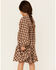Hayden Girls' Gingham Plaid Print Long Puff Sleeve Dress , Brown, hi-res