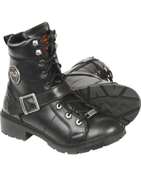 Image #1 - Milwaukee Leather Women's Lace To Toe Side Buckle Leather Boots - Round Toe - Wide, Black, hi-res