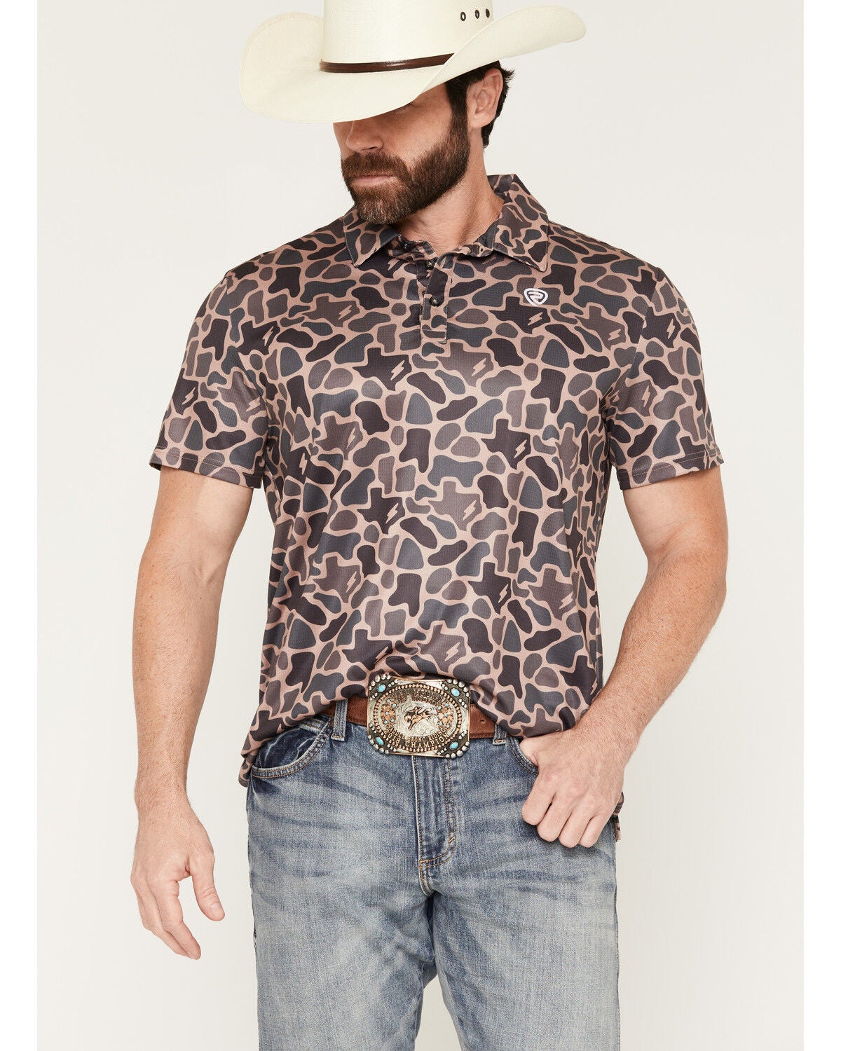 Rock & Roll Denim X Koe Wetzel Men's Camo Print Short Sleeve Button-Down Polo, Camouflage, hi-res