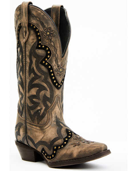 Laredo Women's Skyla Floral Embroidered & Studded Western Boots - Wide Calf & Snip Toe , Dark Brown, hi-res