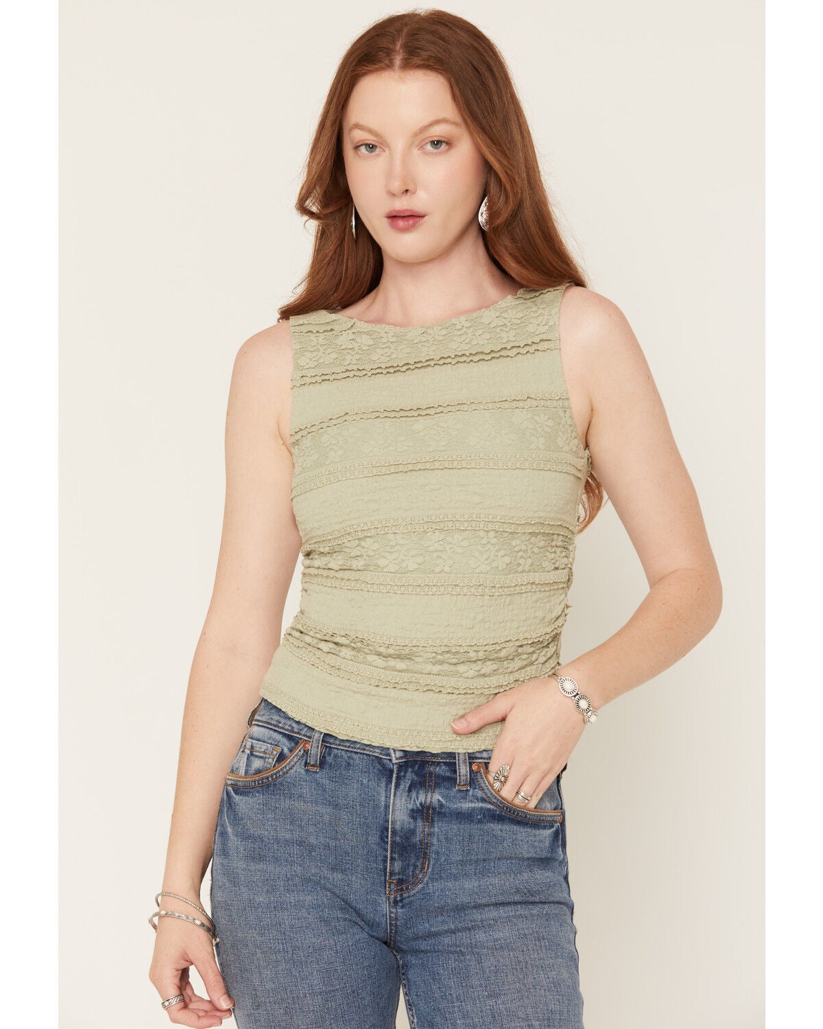 Cleo + Wolf Women's Lace Ruched Tank Top, Mint, hi-res