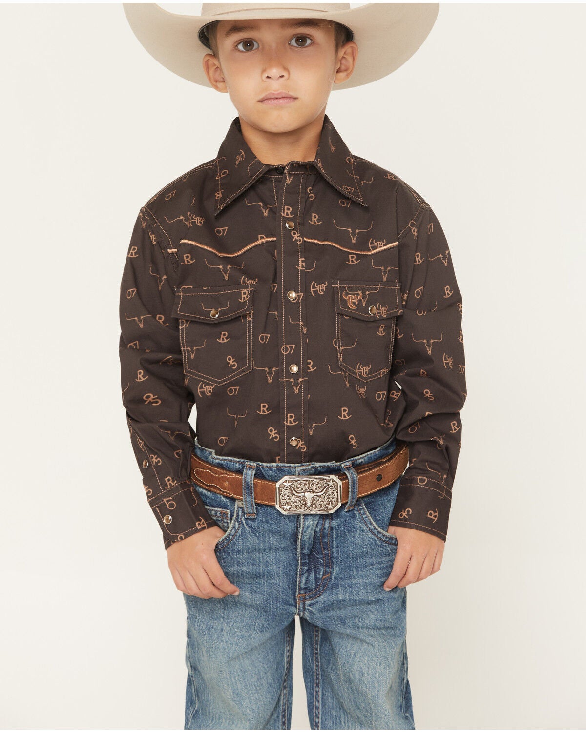 Image #1 - Cowboy Hardware Boys' Branding Iron Long Sleeve Snap Stretch Western Shirt, Brown, hi-res
