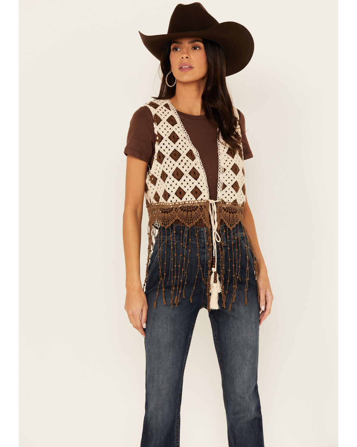 Image #1 - Miss Me Women's Crochet Fringe Vest, Cream, hi-res