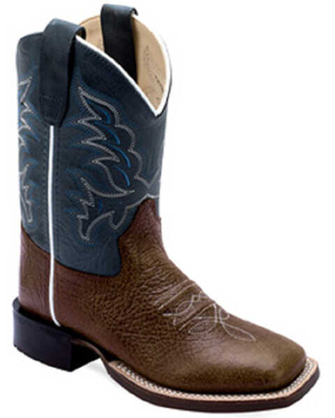 Old West Boys' Hand Corded Western Boots - Broad Square Toe , Brown, hi-res