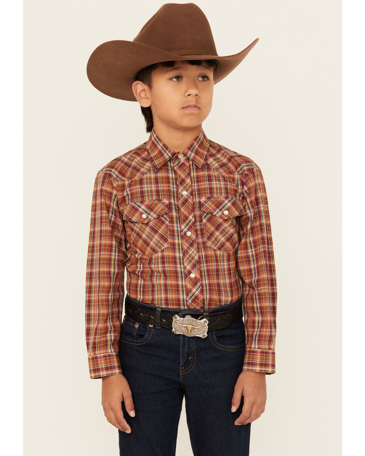 Image #1 - Roper Boys' Plaid Print Long Sleeve Snap Western Shirt, Red, hi-res