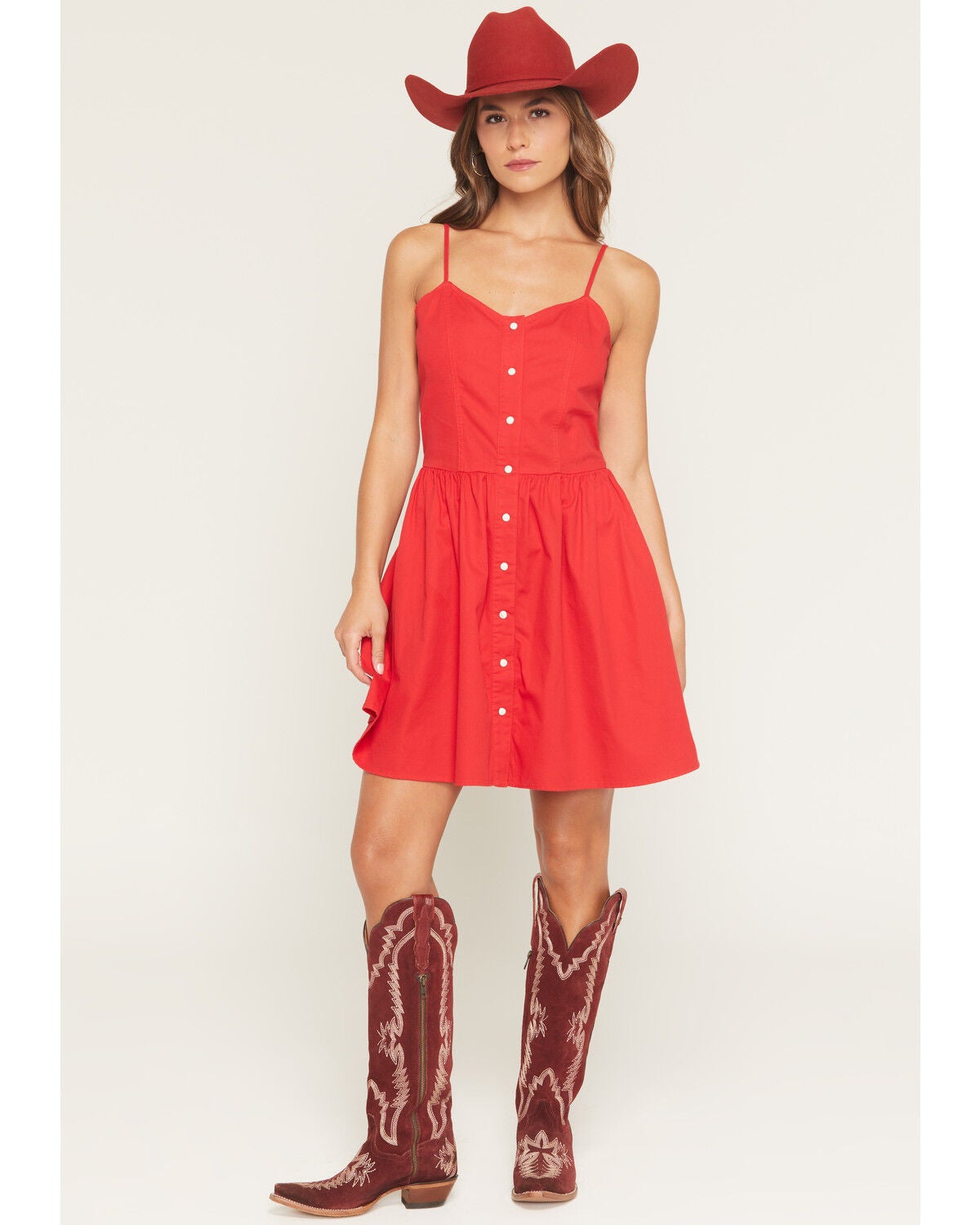 Image #1 - Wrangler Women's Sleeveless Snap Denim Mini Dress, Red, hi-res