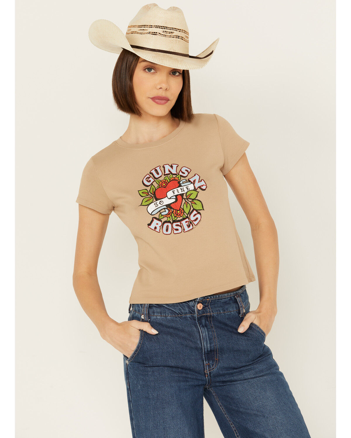 Image #1 - People of Leisure Women's Guns N' Roses Short Sleeve Baby Tee, Brown, hi-res