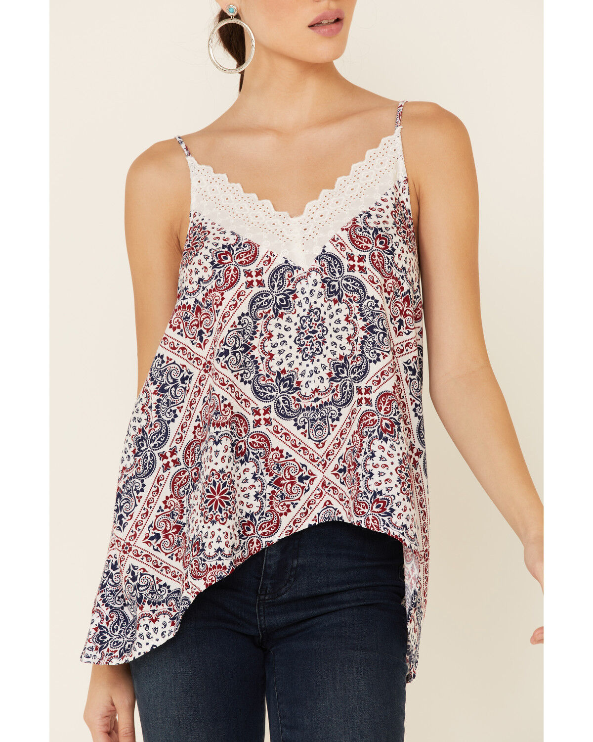 Image #3 - Ariat Women's Texas Heat Americana Hankerchief Print Lace Tank Top, Red/white/blue, hi-res
