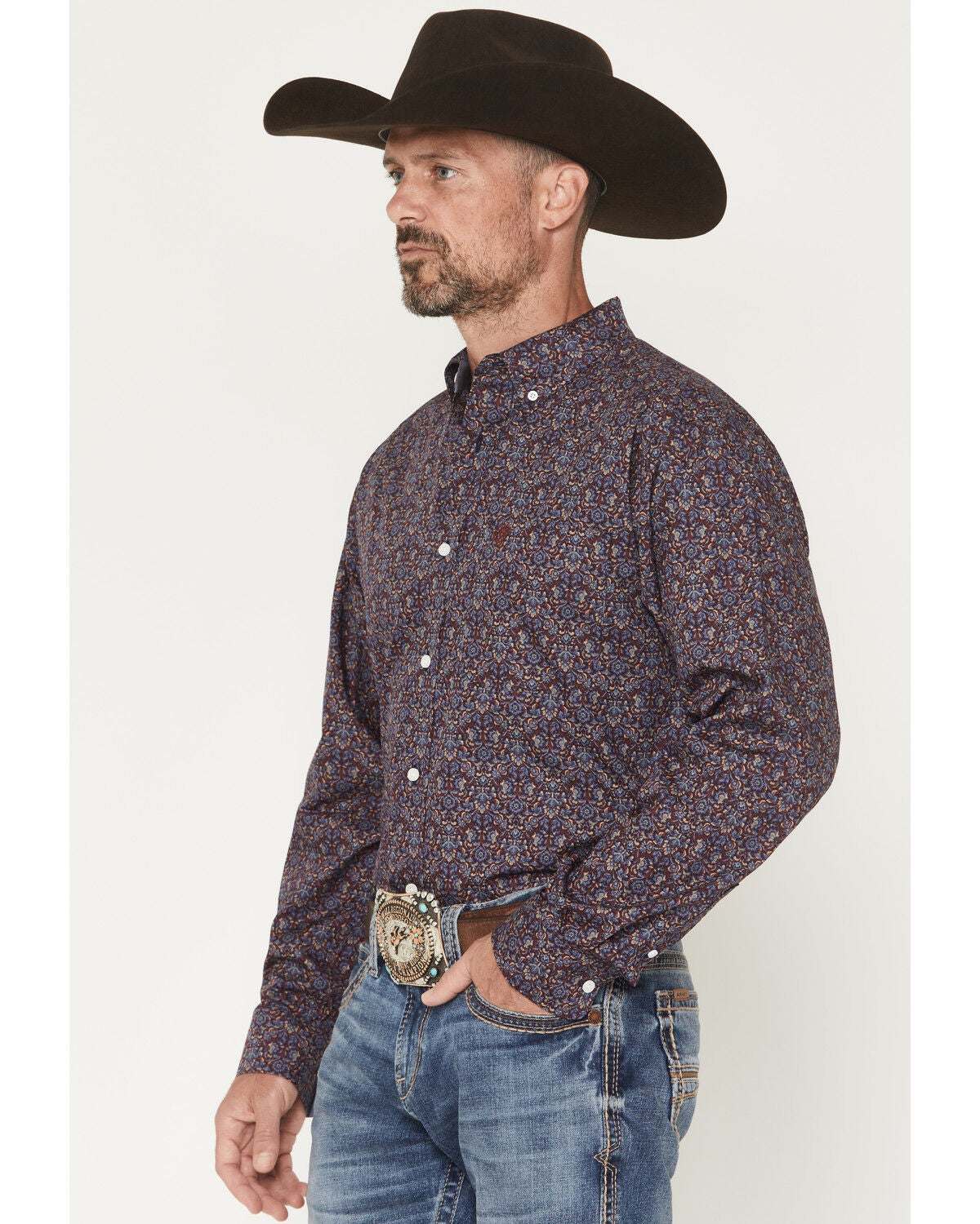 Image #2 - Ariat Men's Wrinkle Free Brendan Floral Print Long Sleeve Button-Down Western Shirt, Blue, hi-res