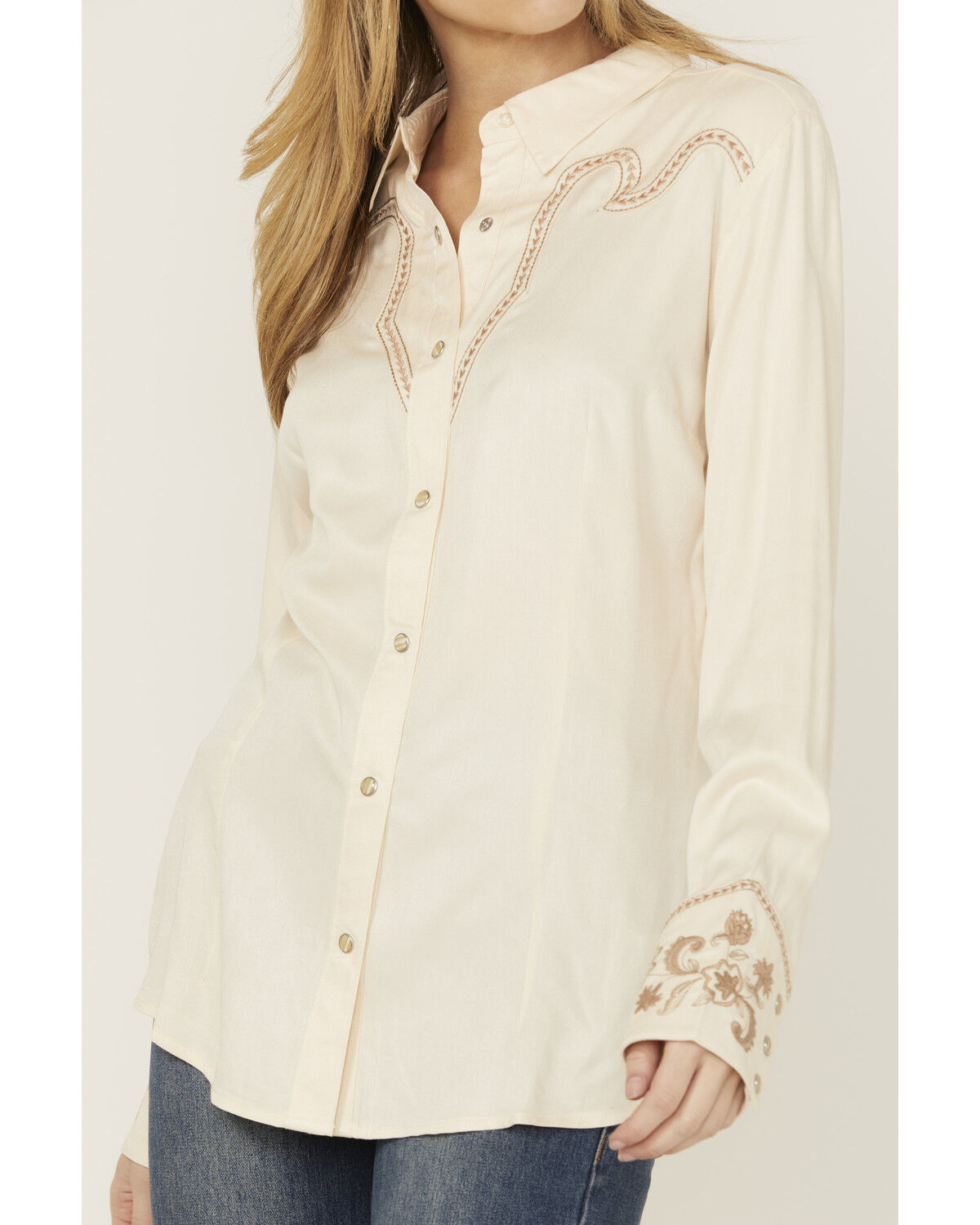 Image #3 - Wrangler Retro Women's Floral Embroidered Long Sleeve Pearl Snap Western Shirt, Cream, hi-res