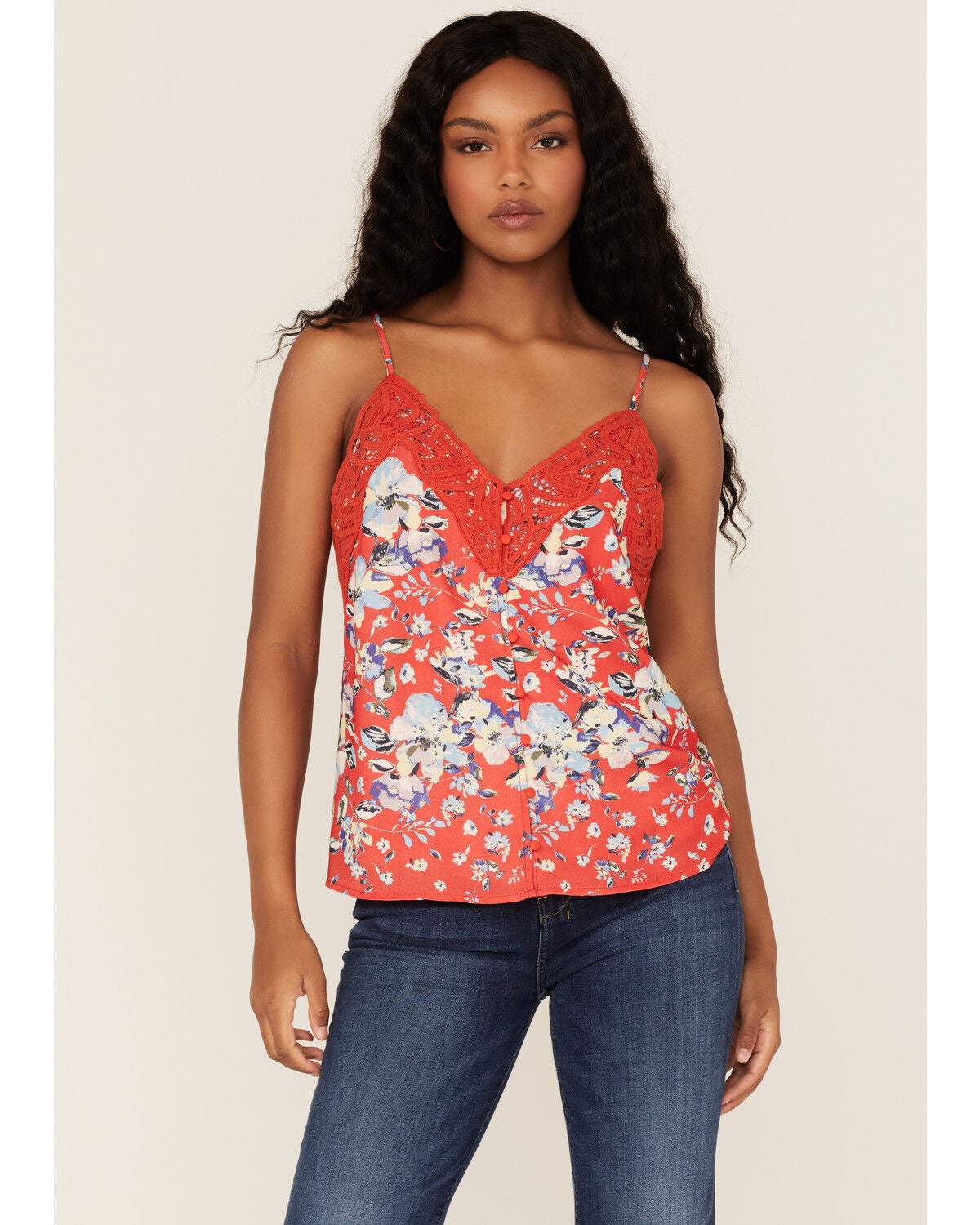 Miss Me Women's Floral Lace Cami, Red, hi-res