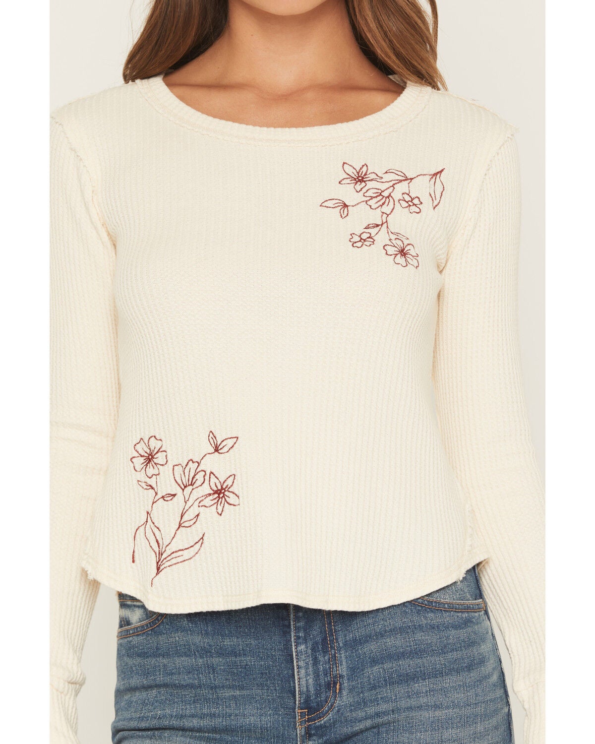Image #3 - Wild Moss Women's Floral Embroidered Thermal Long Sleeve Top, Cream, hi-res