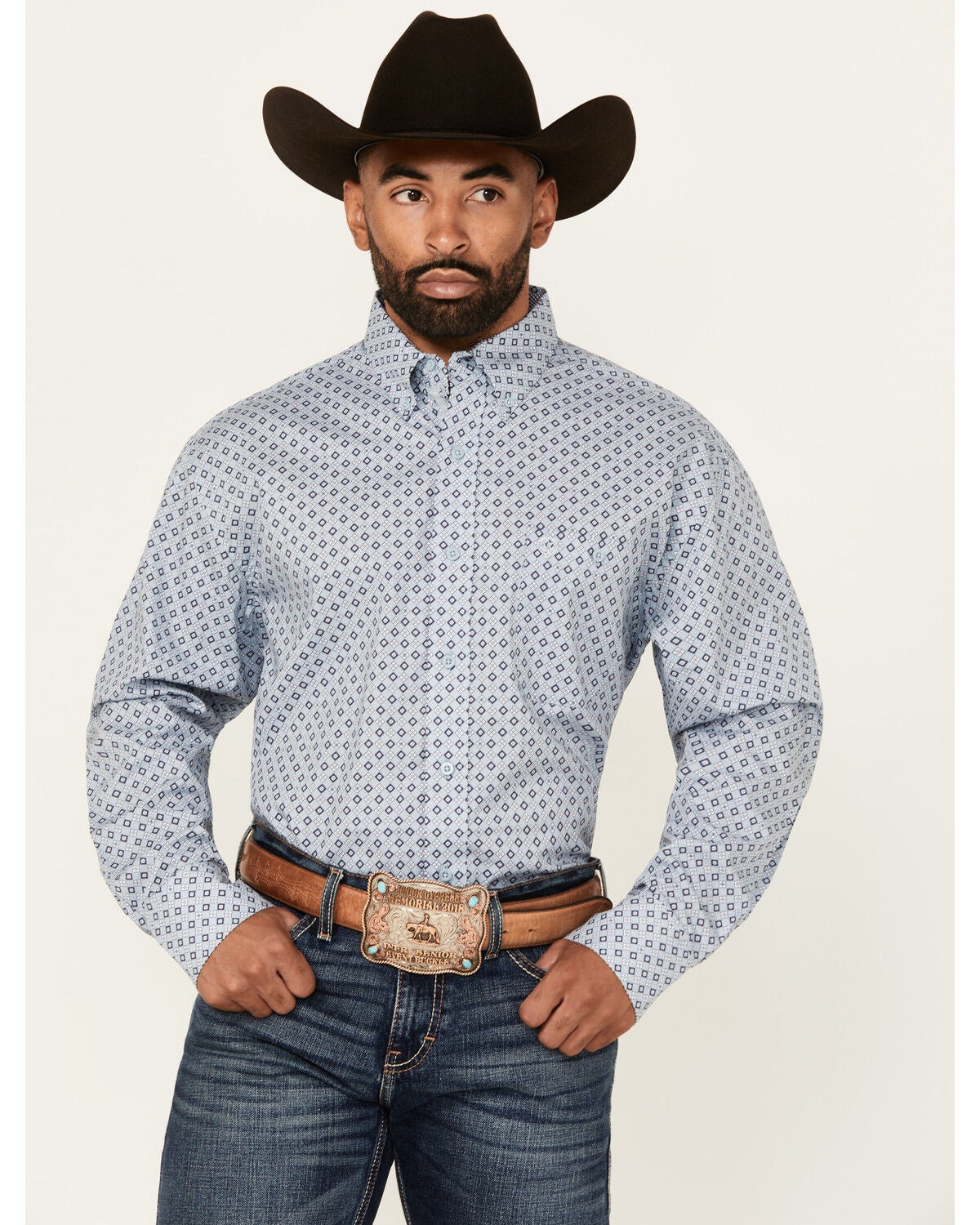 George Strait by Wrangler Men's Geo Print Long Sleeve Button-Down Stretch Western Shirt - Big, Blue, hi-res