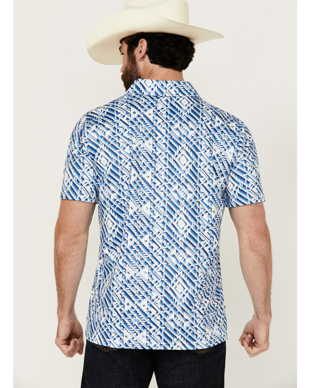 Image #4 - Panhandle Men's Southwestern Print Short Sleeve Performance Polo Shirt, Blue, hi-res