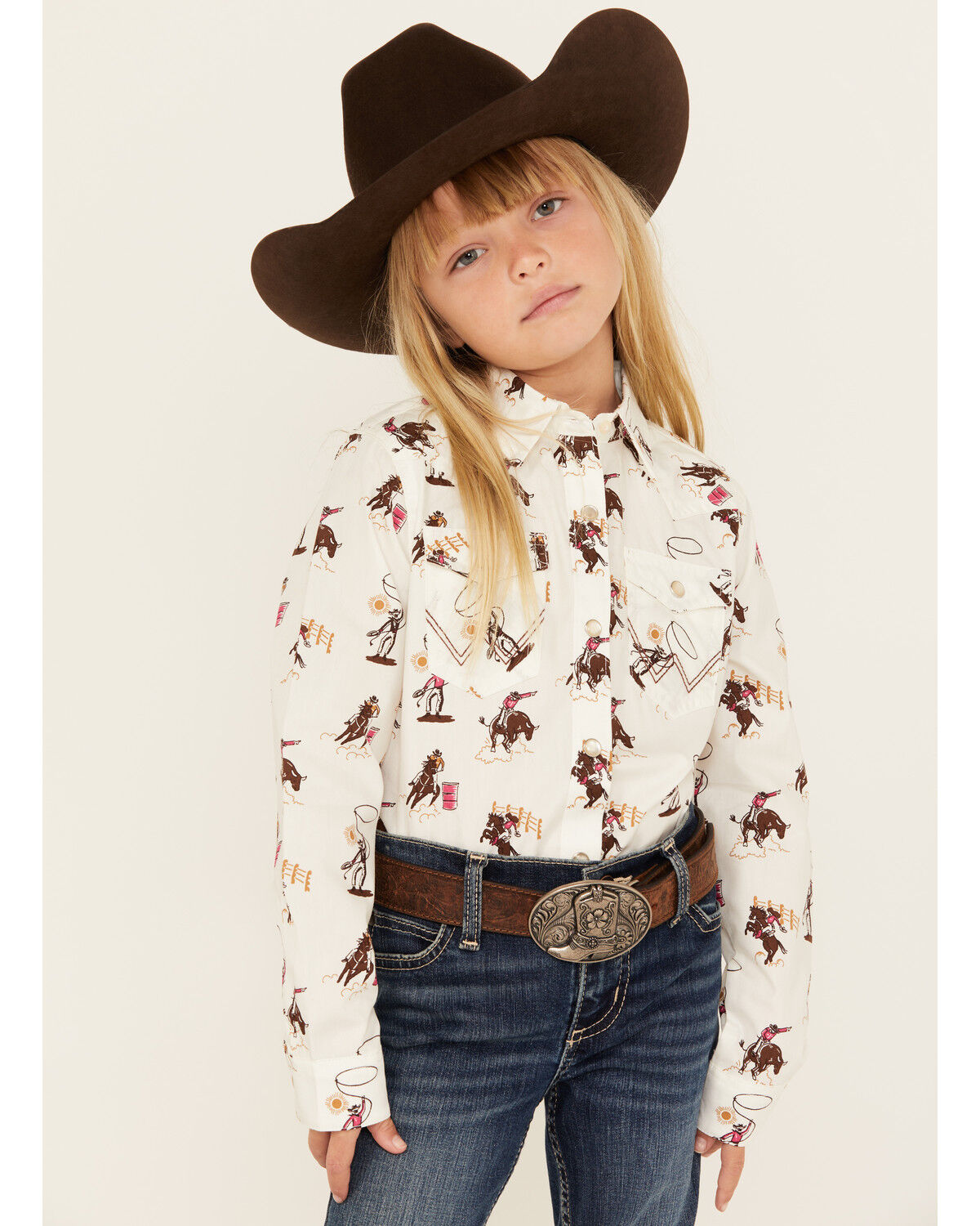 Image #1 - Wrangler Girls' Rodeo Long Sleeve Snap Western Shirt, White, hi-res