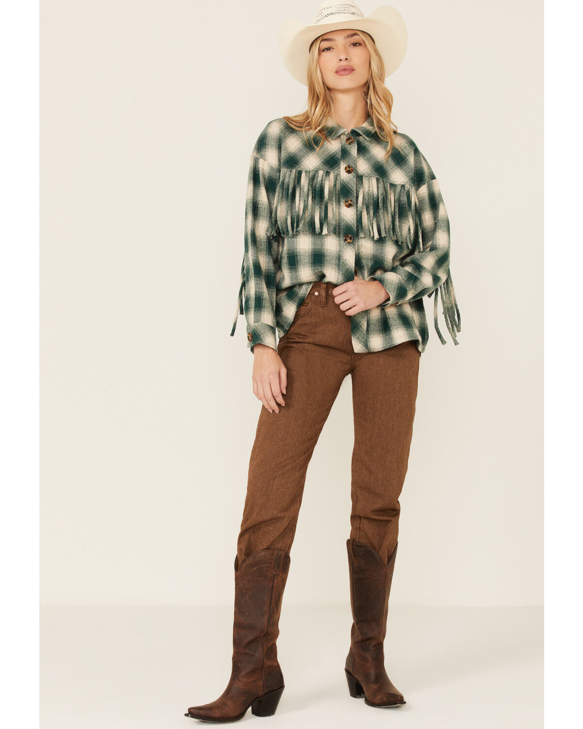 Image #4 - Entro Women's Green Plaid Fringe Yoke Shacket, Green, hi-res