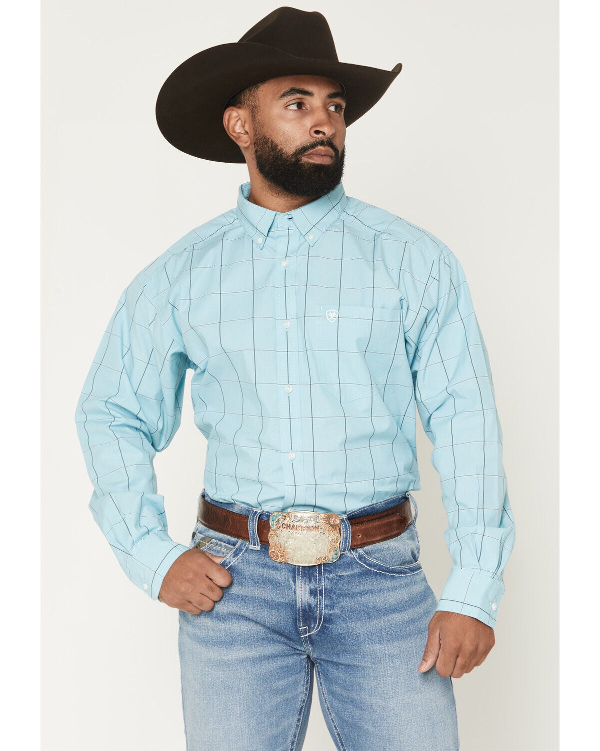Image #1 - Ariat Men's Pro Series Platt Plaid Print Long Sleeve Button-Down Western Shirt, Aqua, hi-res