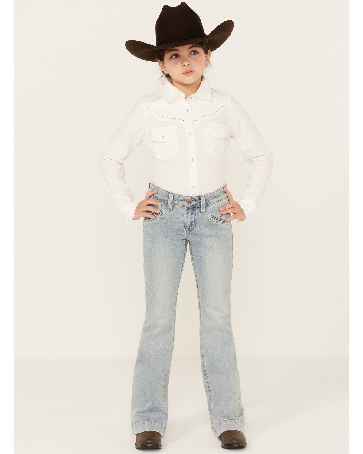 Rock & Roll Denim Girls' Light Wash Smile Pocket Denim Trousers, Light Wash, hi-res