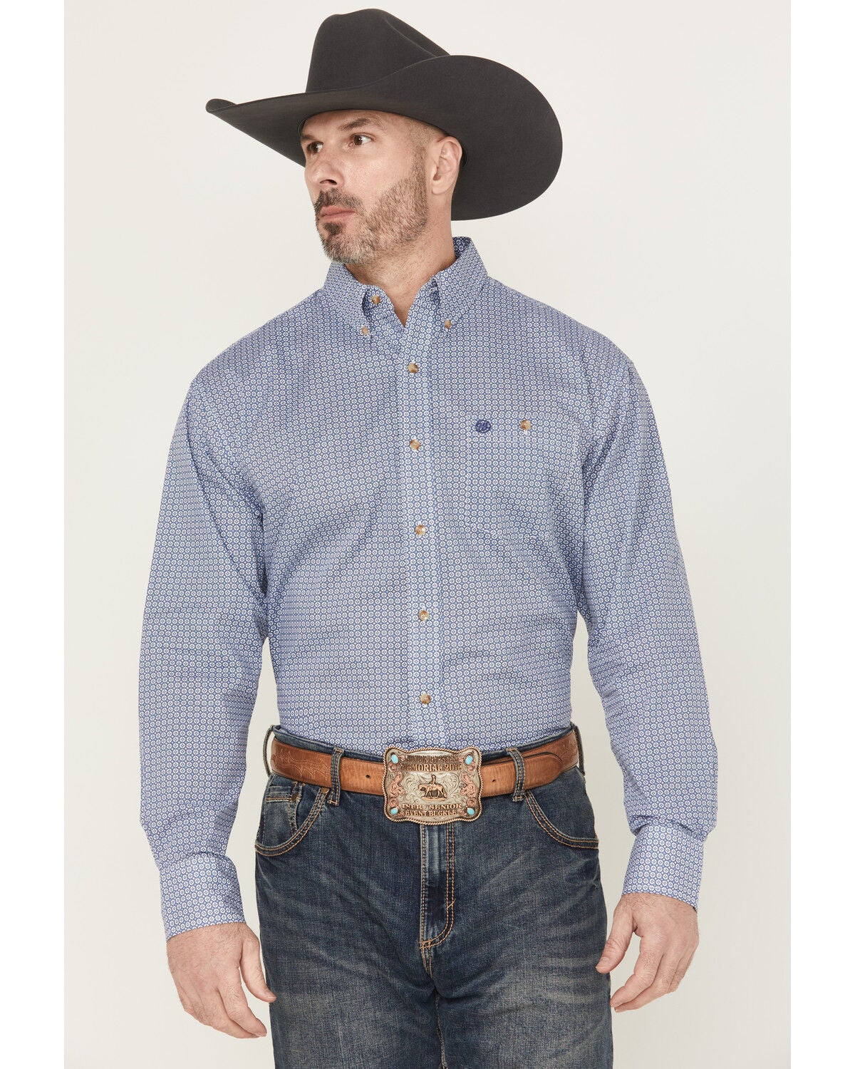 Image #1 - Wrangler Men's Geo Print Long Sleeve Button-Down Stretch Western Shirt, Blue, hi-res