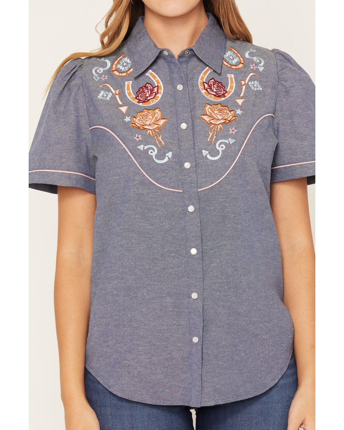 Image #3 - Howdy Hanny Women's Rose Embroidered Chambray Short Sleeve Pearl Snap Western Shirt, Blue, hi-res