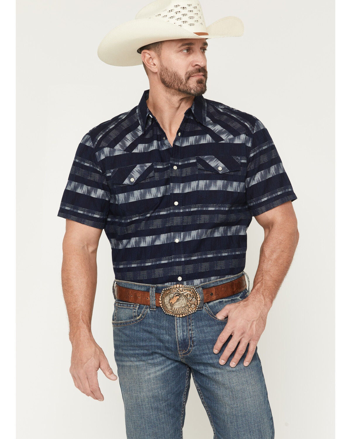 Cody James Men's Ikat Striped Short Sleeve Pearl Snap Western Shirt, Indigo, hi-res