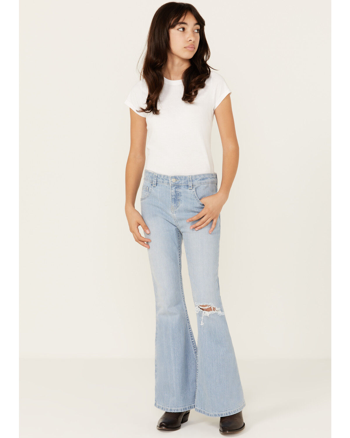 Image #1 - Shyanne Girls' Destructed Knee Flare Jeans, Light Wash, hi-res
