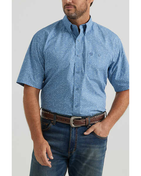 Image #1 - George Strait by Wrangler Men's Paisley Print Short Sleeve Stretch Western Shirt - Big , Blue, hi-res