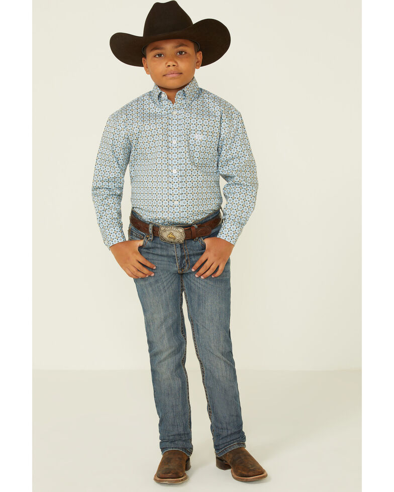 Panhandle Boys' Geo Print Long Sleeve Button-Down Western Shirt , Blue, hi-res