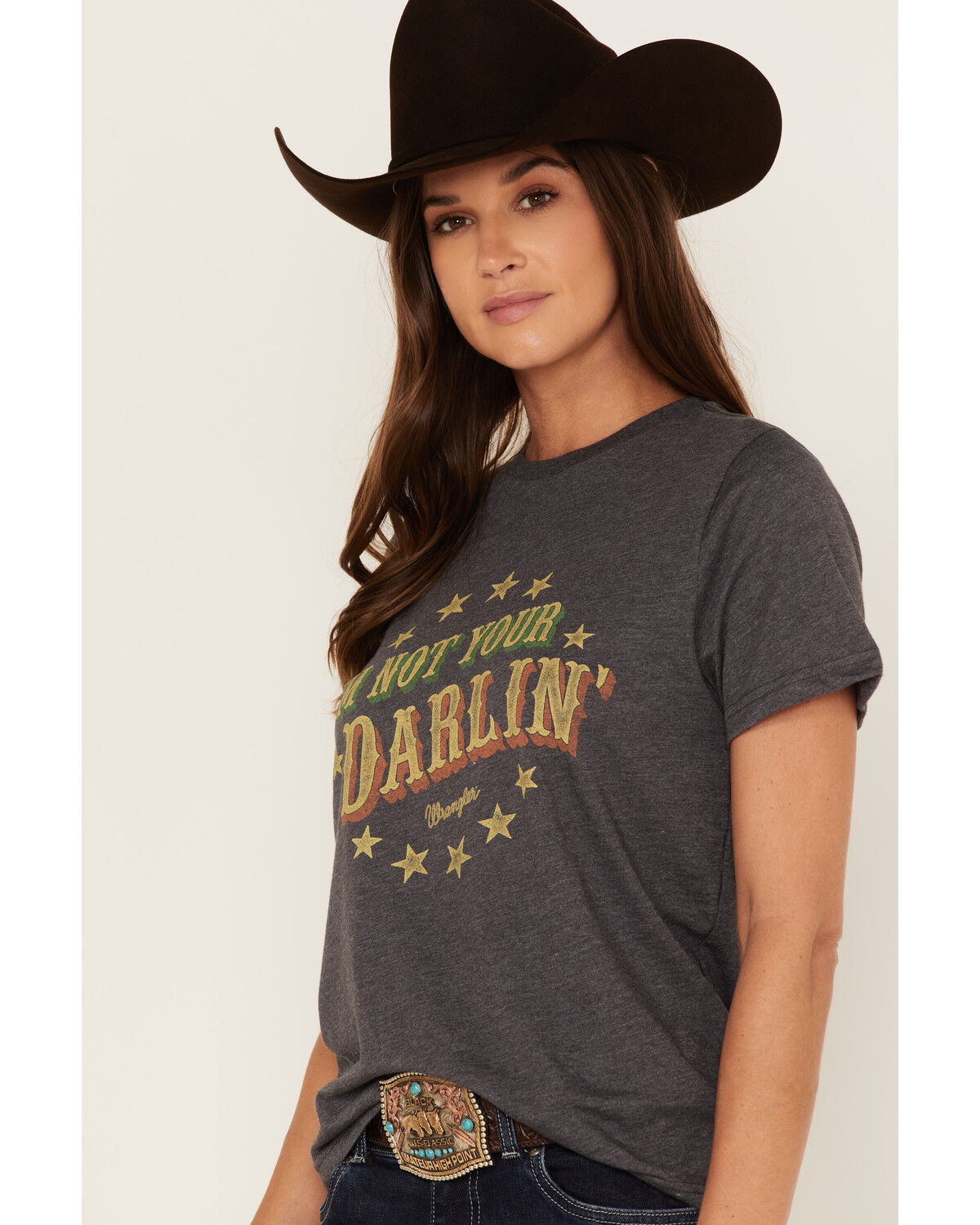 Image #2 - Wrangler Women's Boot Barn Exclusive I'm Not Your Darlin' Star Logo Short Sleeve Graphic Tee, Charcoal, hi-res