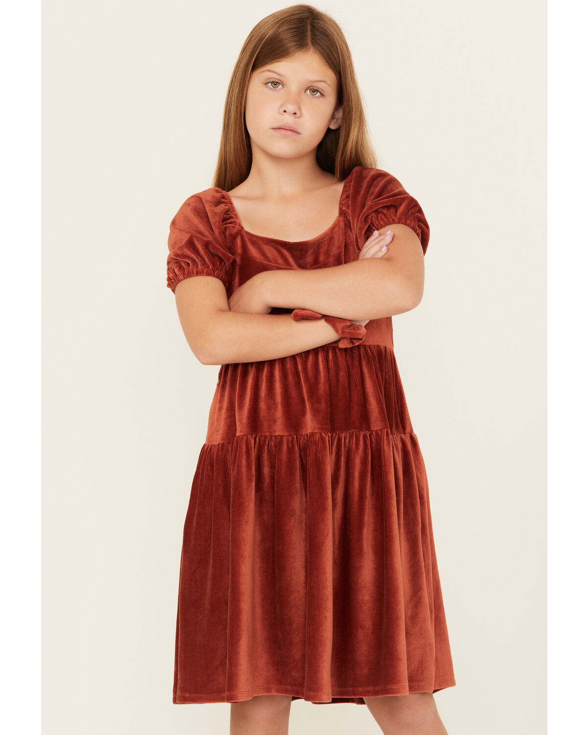 Image #1 - Shyanne Girls' Corduroy Puff Sleeve Dress, Rust Copper, hi-res