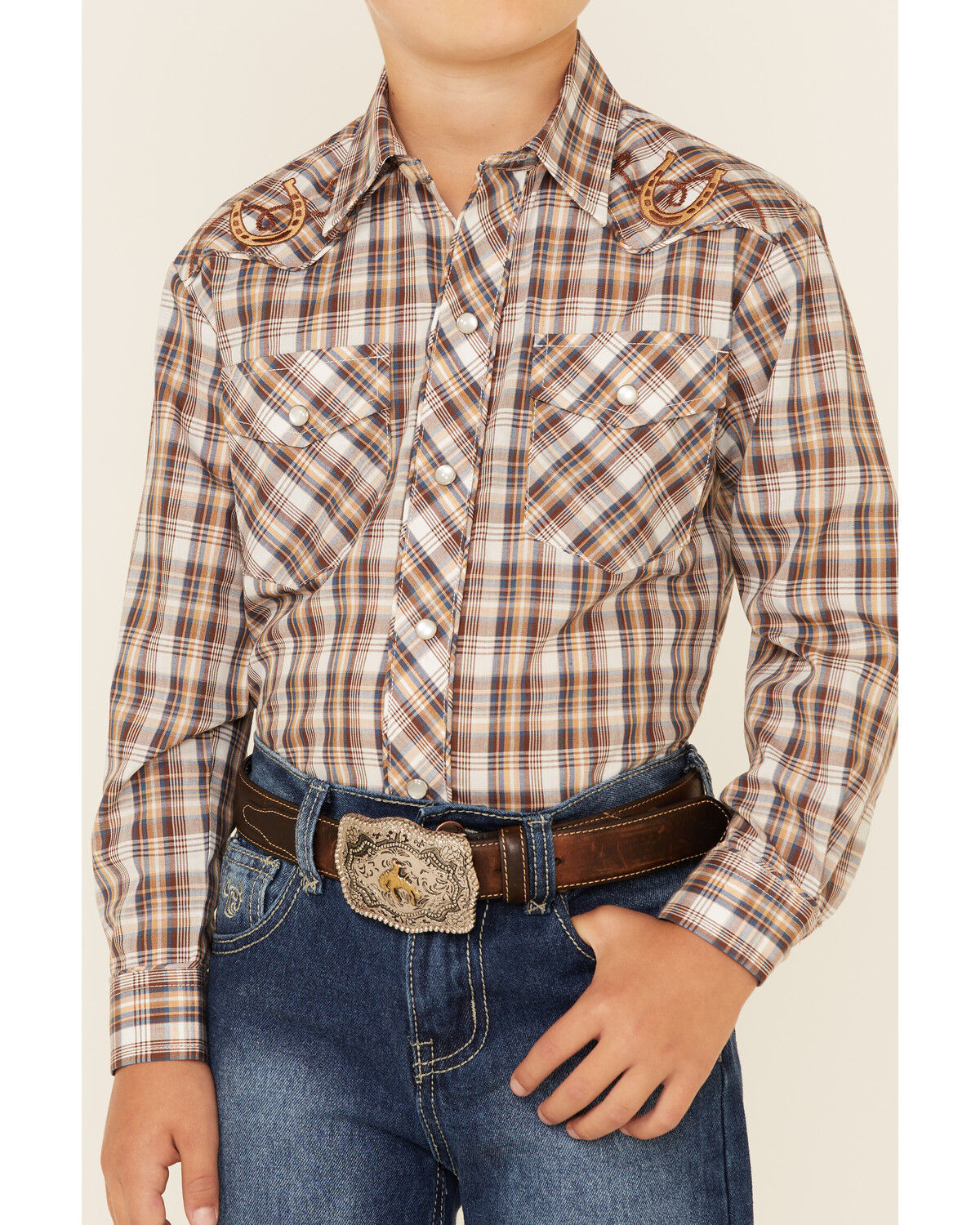 Image #3 - Roper Boys' Plaid Long Sleeve Pearl Snap Western Shirt, Brown, hi-res