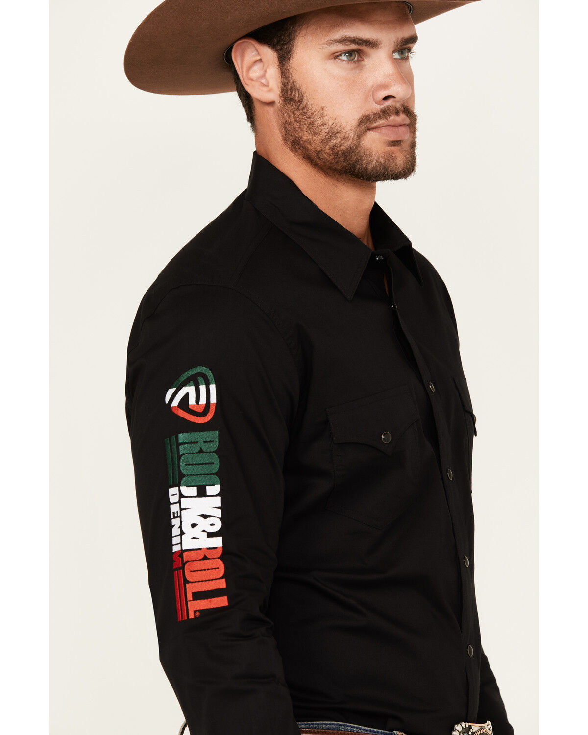 Image #3 - Rock & Roll Denim Men's Mexico Flag Embroidered Logo Long Sleeve Snap Stretch Western Shirt, Black, hi-res