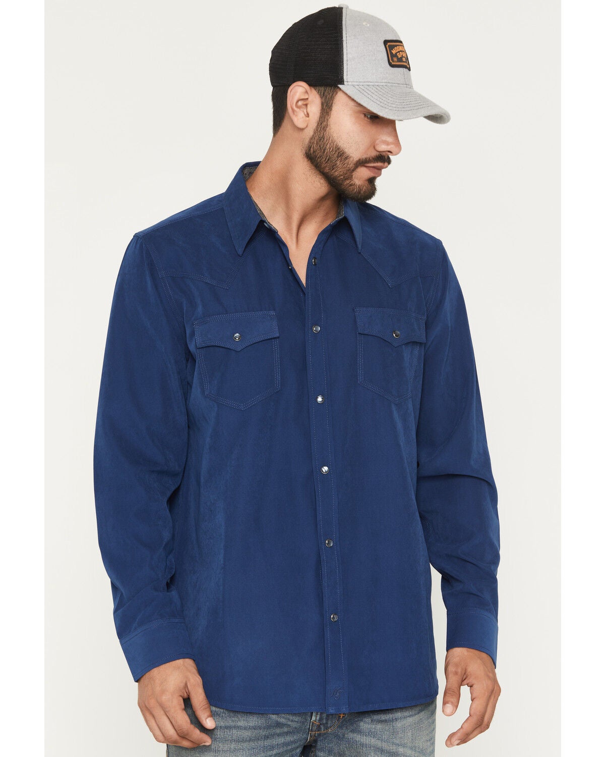 Image #1 - Moonshine Spirit&reg; Men's Side Stage Solid Faux Suede Long Sleeve Pearl Snap Western Shirt, Blue, hi-res