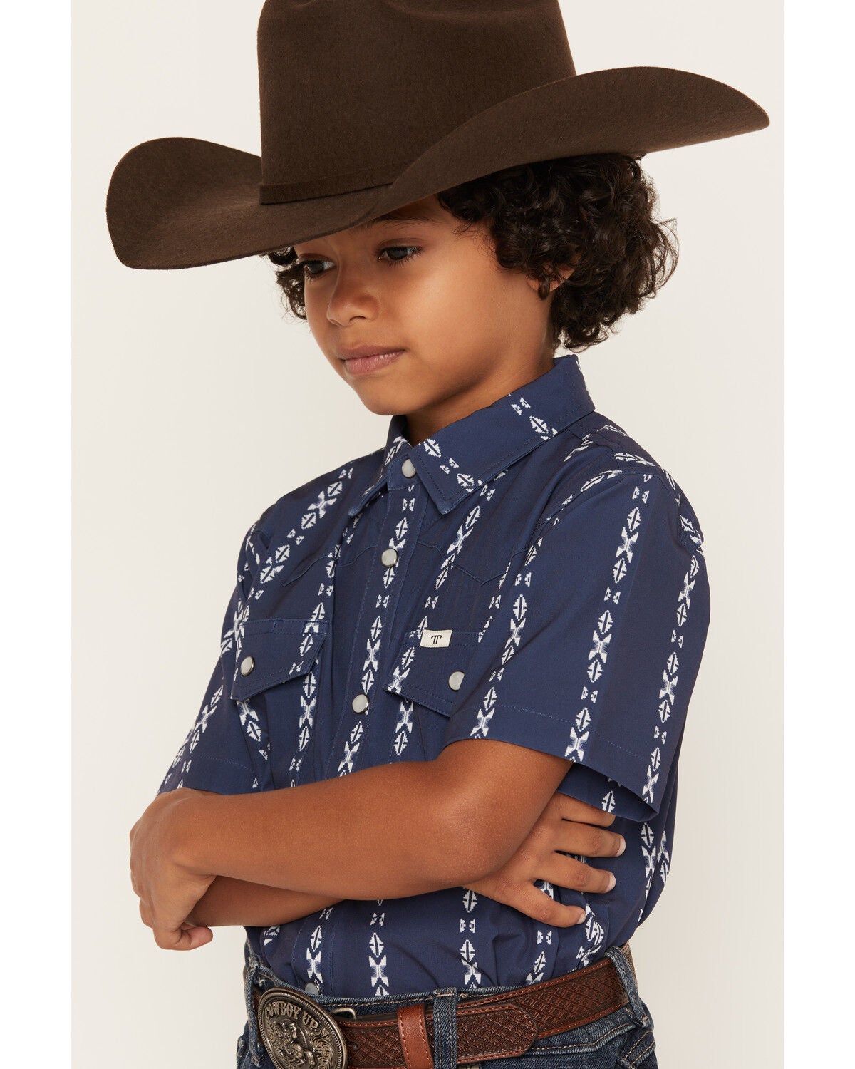 Image #2 - Ferrell Boys' Maverick Tek Striped Short Sleeve Pearl Snap Performance Western Shirt, Blue, hi-res