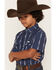 Image #2 - Ferrell Boys' Maverick Tek Striped Short Sleeve Pearl Snap Performance Western Shirt, Blue, hi-res