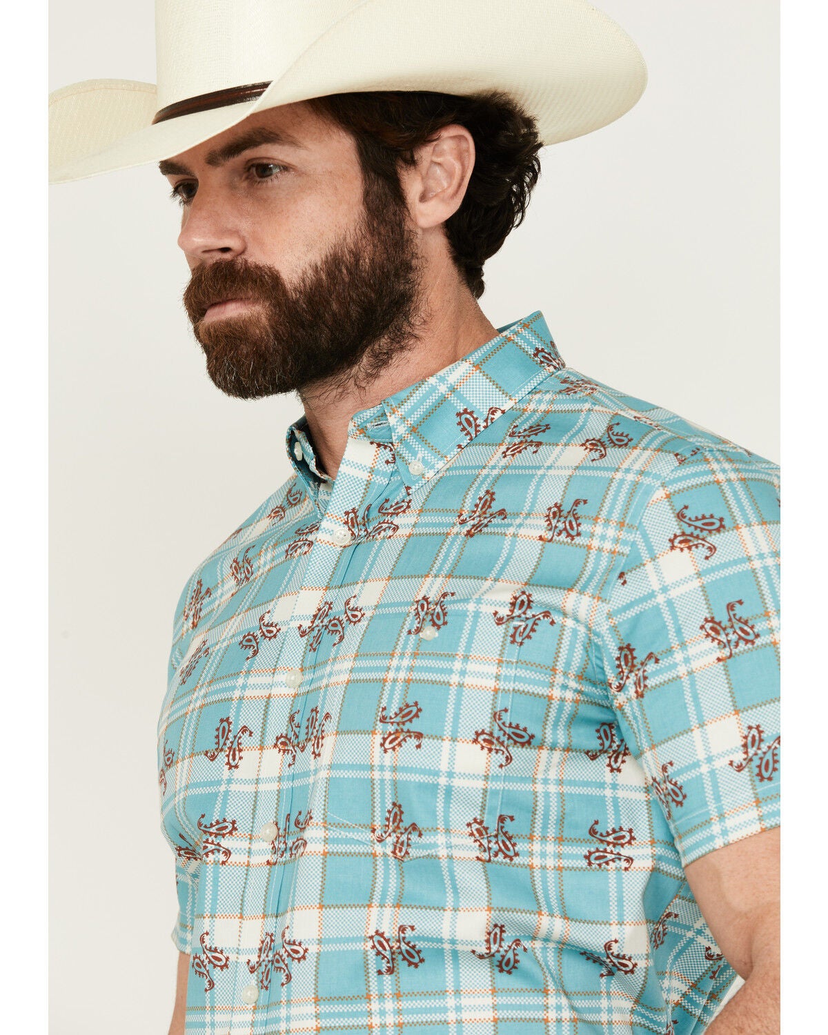 Image #2 - RANK 45&reg; Men's Folklore Plaid Print Short Sleeve Button-Down Performance Stretch Western Shirt, Teal, hi-res