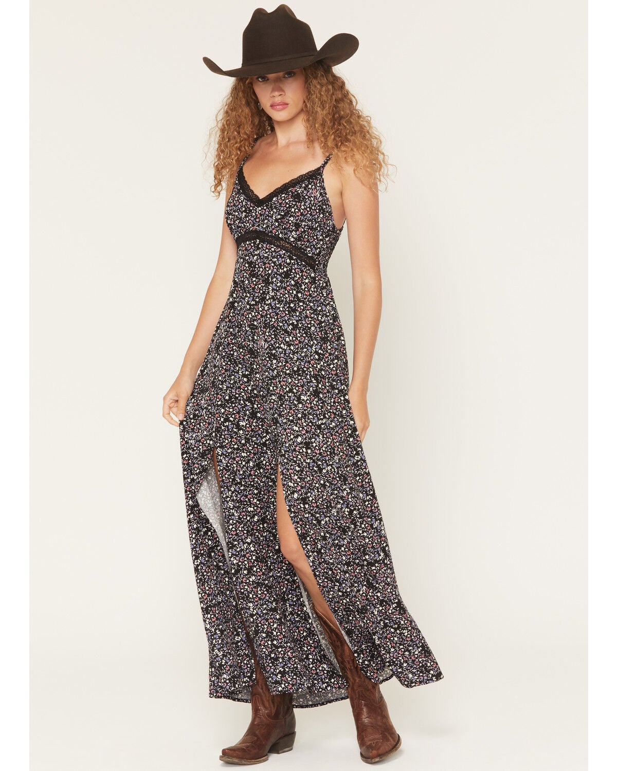 Idyllwind Women's Karah Ditsy Floral Print Sleeveless Maxi Dress, Black, hi-res