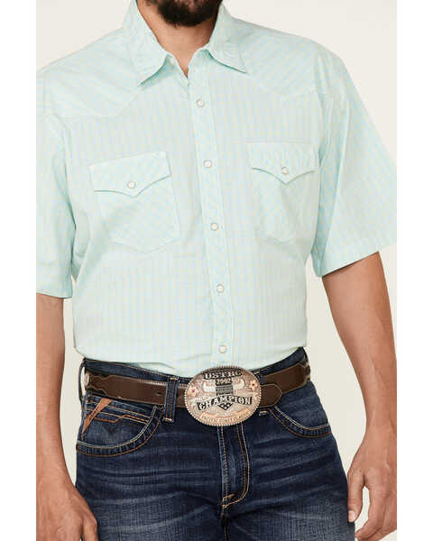 Wrangler 20X Men's Small Plaid Print Short Sleeve Snap Western Shirt , Teal, hi-res