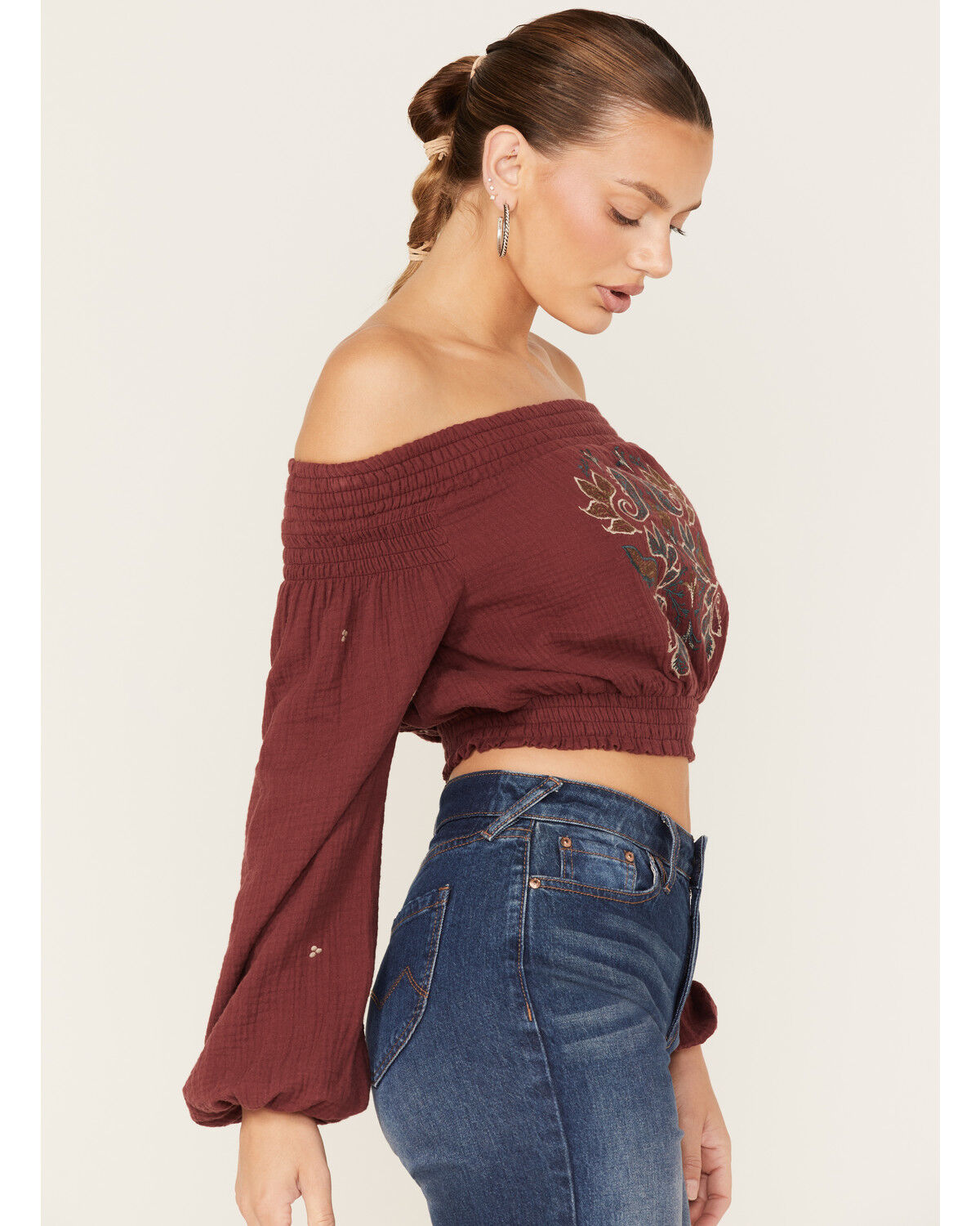 Image #2 - Shyanne Women's Off-Shoulder Embroidered Crop Top, Wine, hi-res