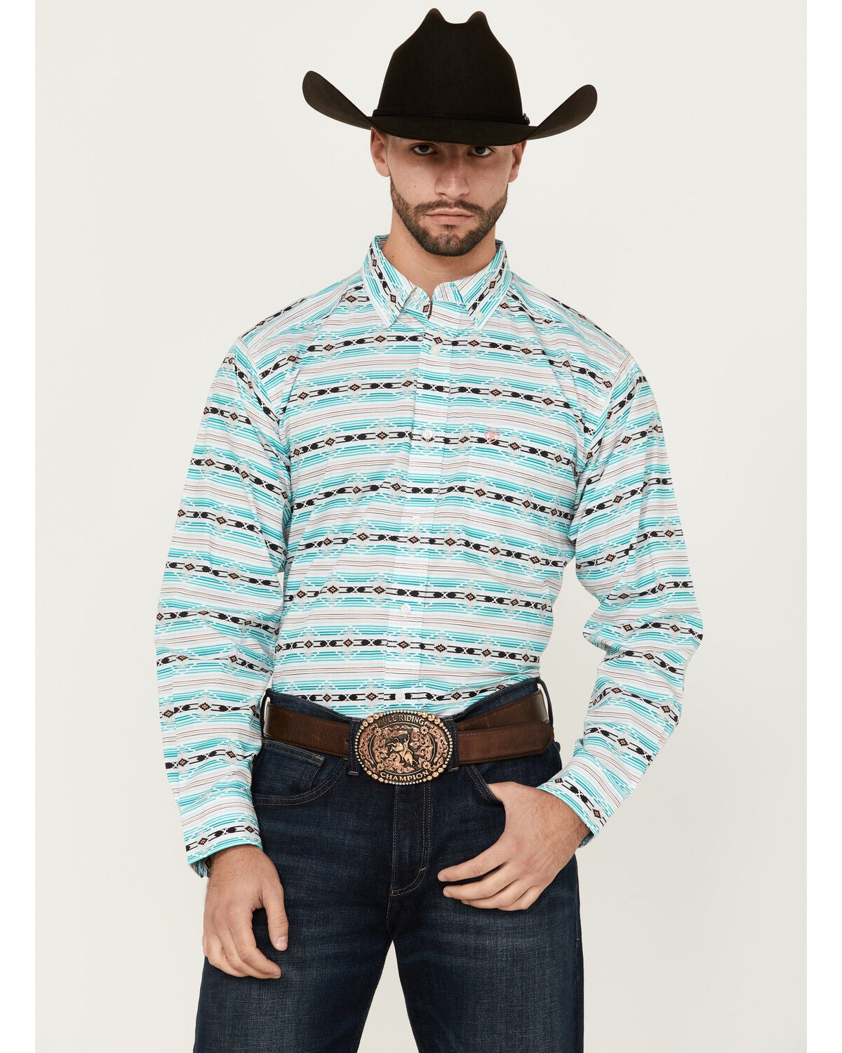 Ariat Men's Jefferson Southwestern Striped Long Sleeve Button-Down Western Shirt, Turquoise, hi-res