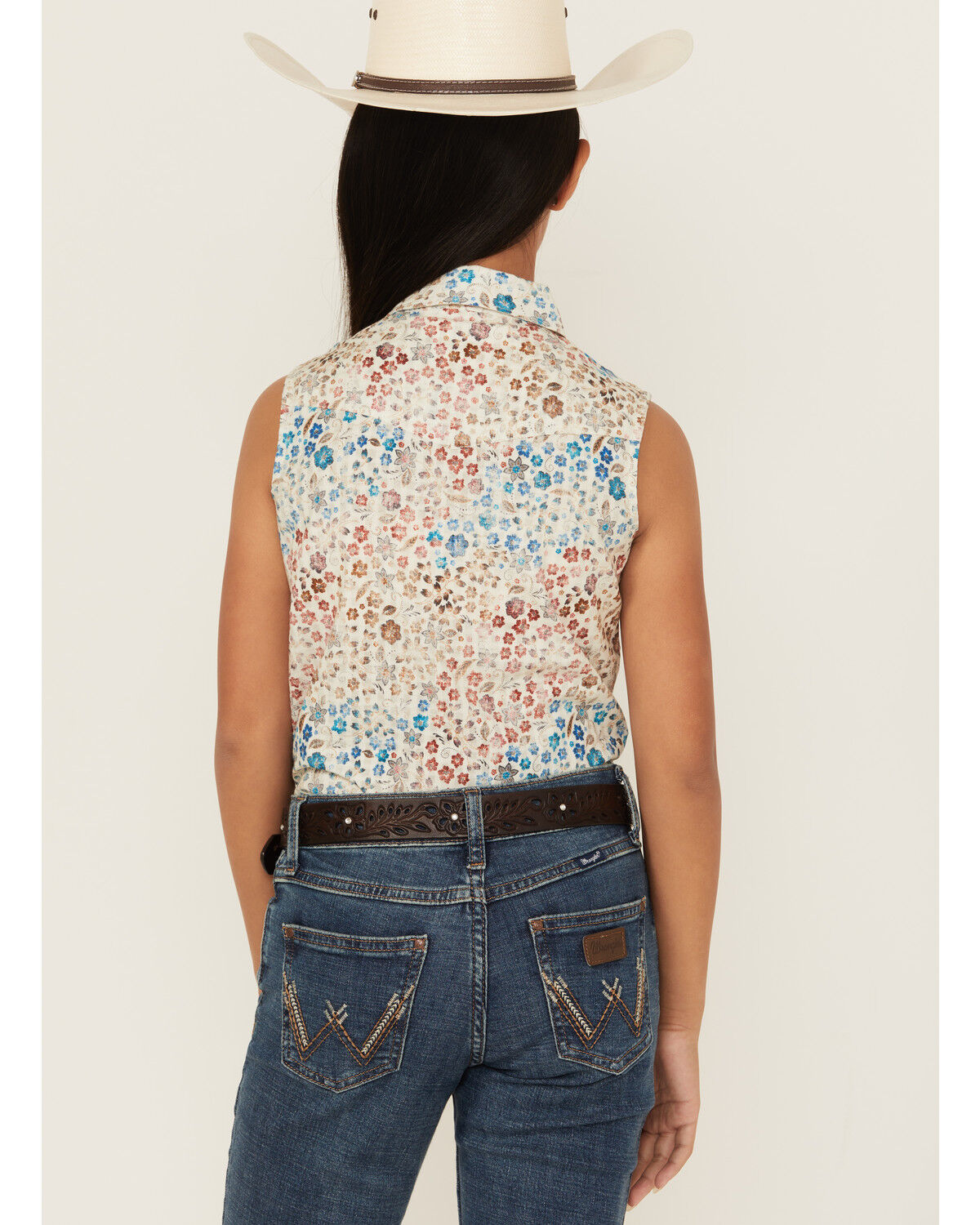 Image #4 - Shyanne Girls' Floral Print Sleeveless Snap Western Shirt, Ivory, hi-res